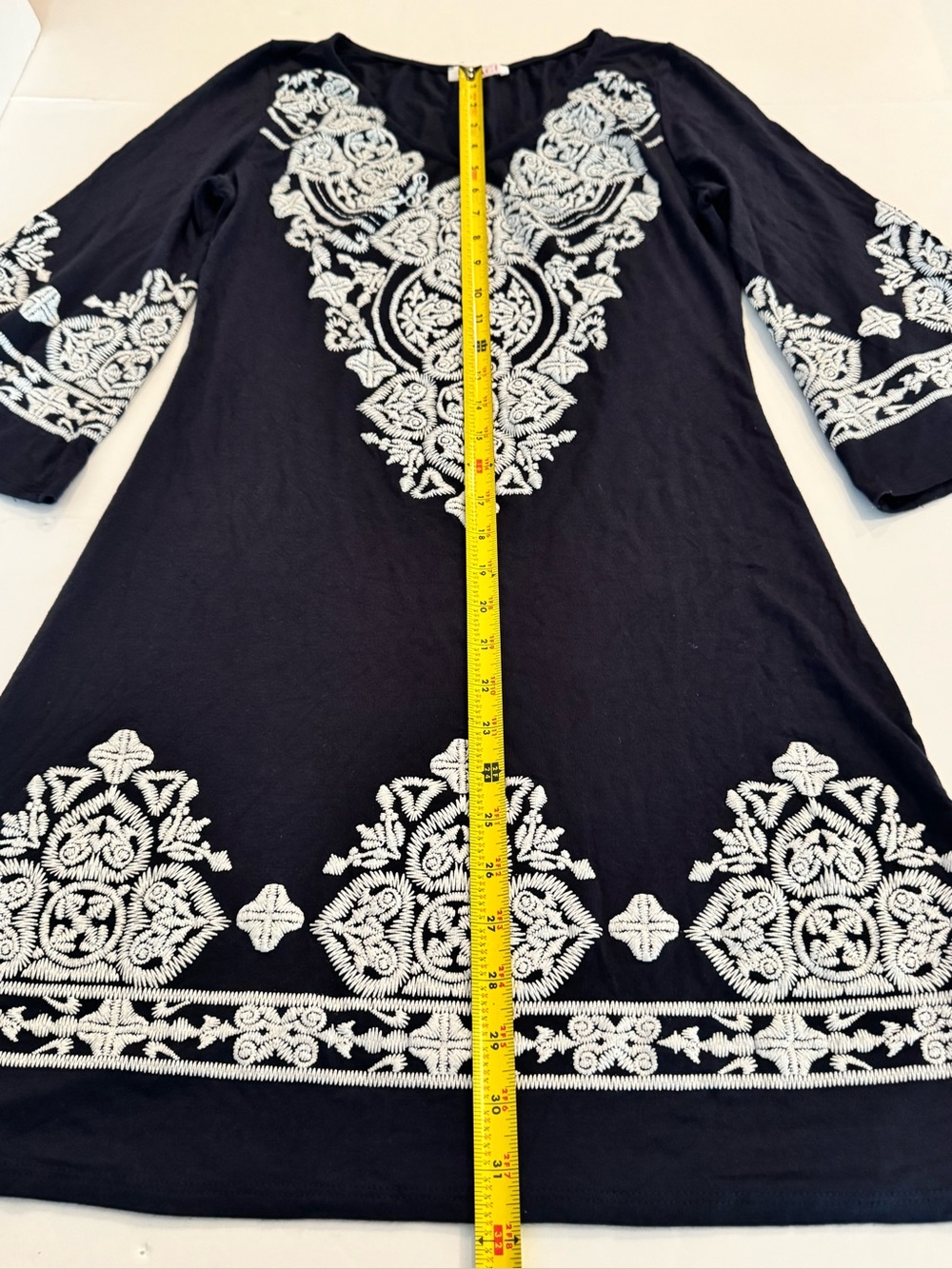 a'gaci Navy Blue 3/4 Flare Sleeves Dress w/ White Embroidery, Lightweight Classy - Picture 13 of 15